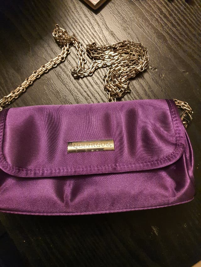 purple bag with chain
