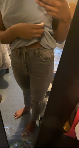 Grey high waisted knee slit jeans