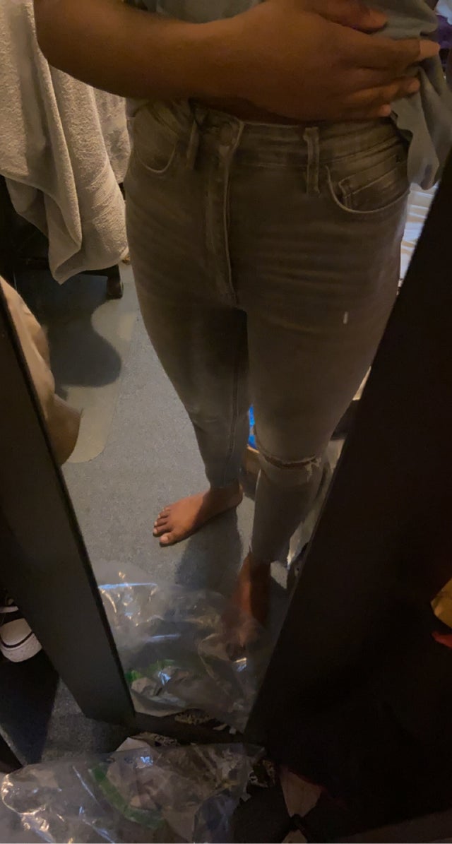 Grey high waisted knee slit jeans