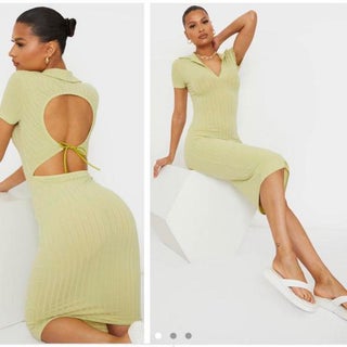 Sage green rib open back polo collar midi dress