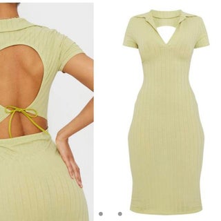 Sage green rib open back polo collar midi dress